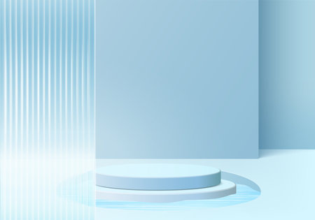 3d background platform with blue glass modern. Background vector 3d rendering crystal podium platform. stand show cosmetic product. Stage showcase on pedestal modern glass studio platformのイラスト素材