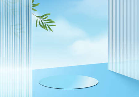 3d background product display podium scene with cloud geometric platform. cloud background vector 3d render with podium. stand to show cosmetic product. Stage showcase on pedestal display blue studioのイラスト素材