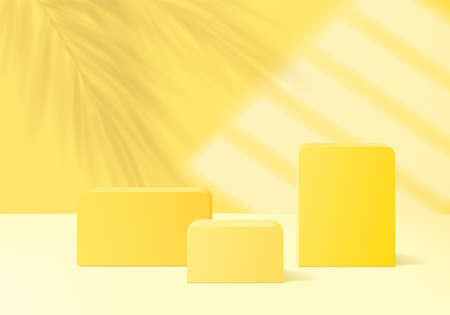 3d product display background platform with yellow light modern. Background vector 3d rendering palm leaves podium platform. stand show cosmetic product. Stage showcase on pedestal modern light studioのイラスト素材