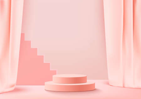 3d background products display podium scene with geometric platform. background vector 3d rendering with podium. stand to show cosmetic products. Stage showcase on pedestal display pink studioのイラスト素材