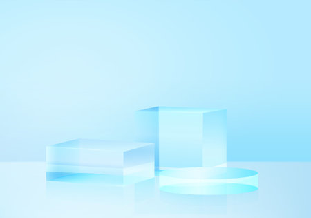 3d background platform with blue glass modern. Background vector 3d rendering crystal podium platform. stand show cosmetic product. Stage showcase on pedestal modern glass studio platformのイラスト素材