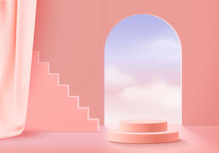3d display product abstract minimal scene with cloud geometric podium platform. Background vector 3d rendering with podium. stand for cosmetic products. Stage showcase on pedestal 3d pink cloud skyのイラスト素材