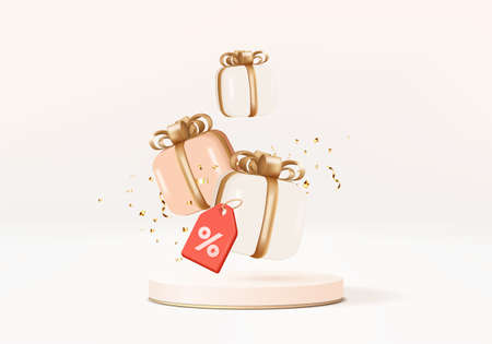 3d background gift box with white bow display product for Christmas. Product display background vector 3d rendering with minimal podium studio. stand for cosmetics on white gift box in new year 2022のイラスト素材