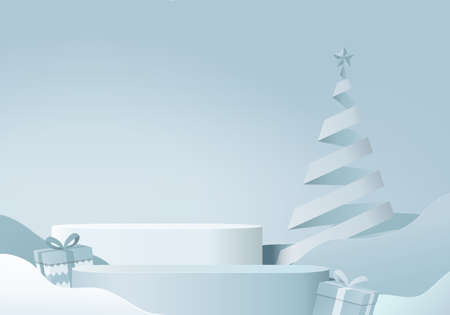 Christmas 3d minimal rendered scene with gift box and podium platform. Christmas tree background vector 3d rendering with gold podium. stand to show products. New year 3d showcase on pedestal blueのイラスト素材