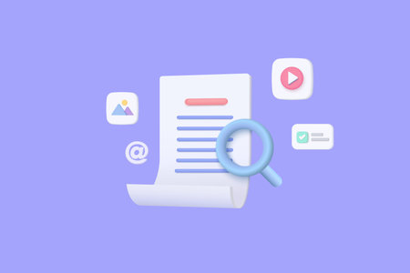 3d Concept of media file management. Searching image and video files in database. Document management soft, document flow app, compound docs concept. 3d vector rendering magnifyingのイラスト素材
