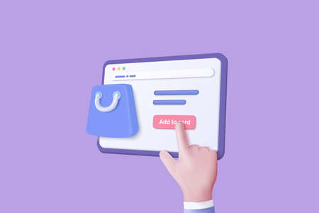 3d vector render online shopping bag for product add to card on website. Cartoon icon isolated on background with commercial market. 3d vector and shop purchase basket retail store on e-commerceのイラスト素材