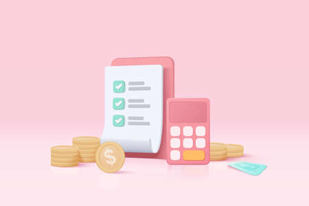 3d minimal calculator vector render concept of financial management. calculating financial risk planning, calculator with coins stack and banknote with 3d vector concept on pastel backgroundのイラスト素材