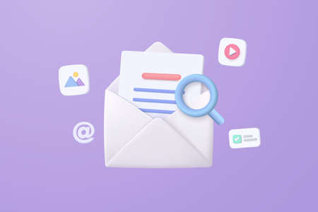 3d mail envelope icon with magnifying image and video files in message. Minimal Searching email...