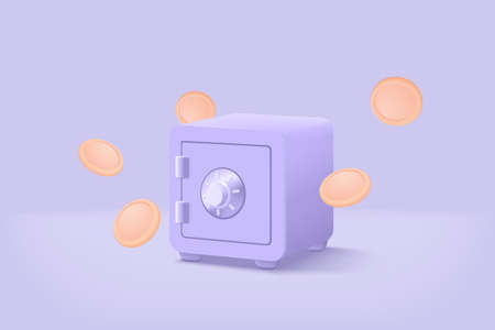 3d safe box minimal design for treasure on purple pastel background. Treasure with gold and money in safe box, money saving, stored money concept. 3d secure box vector render isolate pastel backgroundのイラスト素材