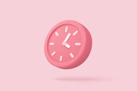 3d alarm clock on pastel pink background. Pink watch minimal design concept of time. 3d clock vector rendering in isolated pink backgroundのイラスト素材
