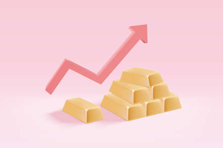 3d gold bar arrangement and red arrow up. Business gold future and financial in trade concept. Money...