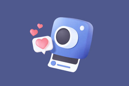 3d minimal photo camera and frame social media on pastel background with shadow. 3d simple snapshot...