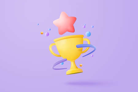 3d winners minimal with golden cup, gold winners stars with objects floating around on gold background. Award ceremony concept with cartoon style. 3d vector render isolated on yellow pastel backgroundのイラスト素材
