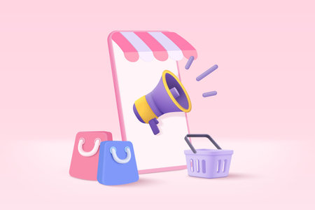3d megaphone speaker or loudspeaker bullhorn for announce promotion, megaphone loudhailer with mobile and shopping on smartphone, speakerphone 3d vector render for alert and announcement on backgroundのイラスト素材