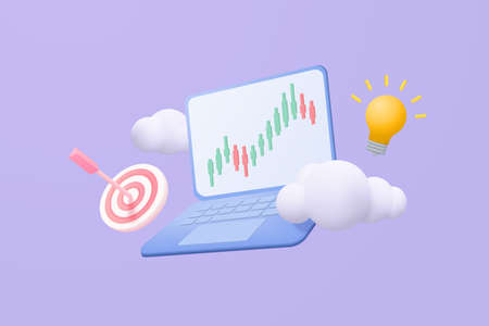3D online trading with laptop on blue background. Notebook using funding graph on computer with...