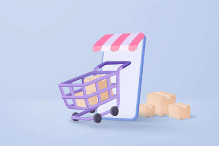 3D online deliver service, delivery tracking smartphone, hand holding mobile for shipment tracking concept. Product shipping packing out from smartphone. Logistic icon 3d vector render illustrationのイラスト素材