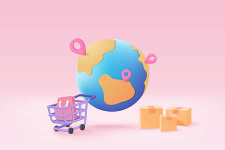 3D earth globe with pinpoints online deliver service, delivery tracking, pin location point marker of shipment concept. Product shipping out from world map. Logistic icon 3d vector render illustrationのイラスト素材