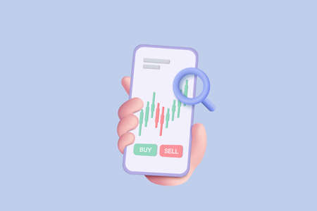 3D vector hand holding mobile isolated on pastel blue background. Hand using funding business graph on application under creative solution concept in 3D vector. 3d trading for business investmentのイラスト素材