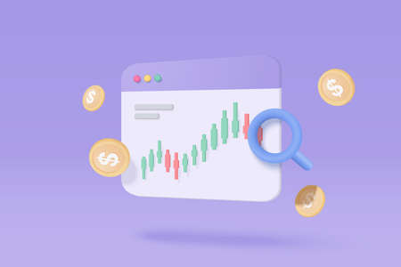 3D online trading with browser on purple background. Browser using funding business graph on...