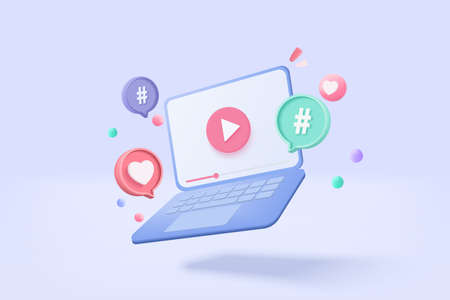 3d social media with live streaming and emotion on notebook in blue background. Social media online...