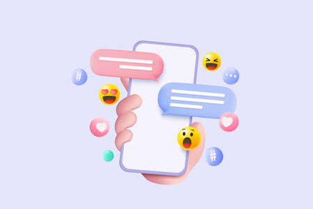 3D minimal social media with emoji, hashtag, speech on mobile hand holding, interface optimization for banner and website for mockup mobile phone concept. 3d social network vector render illustrationのイラスト素材