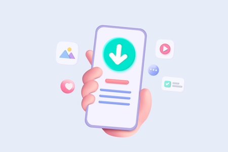 3d mobile phone in hand with download data to cloud computing concept for file sharing and data transfer system. download multimedia to smartphone. 3D icon vector with shadow render illustrationのイラスト素材