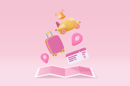 3D suitcase with identity passport and flight plane travel tourism trip planning. Tourism plane trip planning world tour with travel bag on holiday summer concept. 3d icon vector render illustrationのイラスト素材