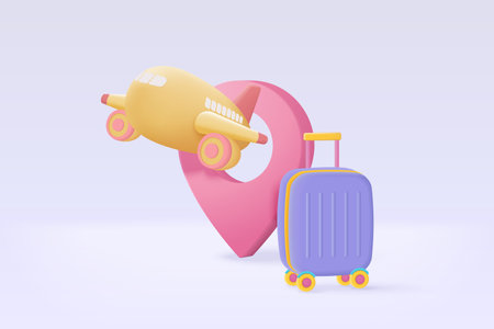 3D suitcase and location point marker of map, flight plane travel tourism on cloud background. navigation for travel planning world tour with plane direction. 3d GPS pin vector render illustrationのイラスト素材