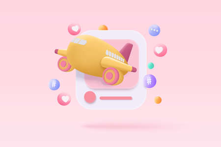 3D flight plane travel tourism trip planning world tour. tourism and travel summer time concept. Social media online platform, Photo frame with heart and love emoji icon. 3d vector render illustrationのイラスト素材