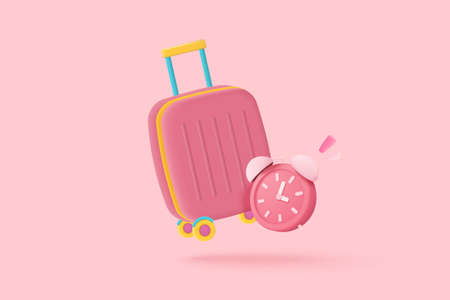 3d pink suitcases, luggage bag, cabin baggage and alarm clock. Business wait time to travel with cartoon concept, vacation planning, travel in holiday. 3d minimal suitcase vector render illustrationのイラスト素材