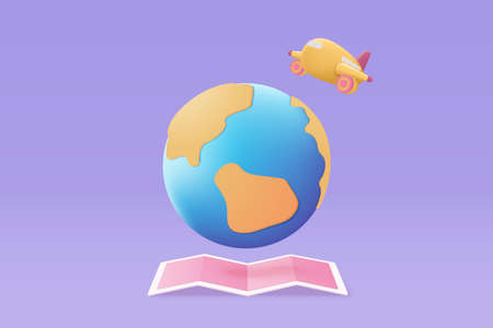 3D globe pin map with flight plane travel tourism trip planning world tour. Tourism plane trip...