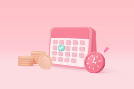 3d alarm clock with investing money to grow in time concept. Business investments earnings and financial savings, fast money, notification for quick loan. 3d calendar vector rendering illustrationのイラスト素材
