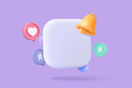3D app icon with notification alert speech bubble, online social conversation comment push notice cartoon concept, blank app icons, chat with social media. 3d reminder render vector illustrationのイラスト素材