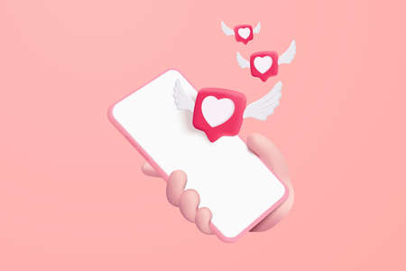 3d heart and love with wings is flying on mobile phone in holding hand. social media online emoji icon platform concept, communication on application. 3d heart with wings vector render illustrationのイラスト素材