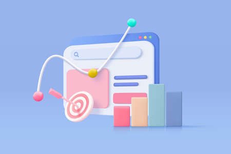 3D SEO optimization with browser for marketing social media concept. Interface for web analytics...