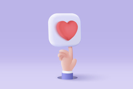 3D heart in hand holding on social media online platform concept, online social communication on applications, heart and love emoji icon, feeling love in hand. 3d vector render in purple backgroundのイラスト素材