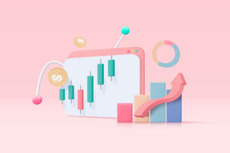 3D online trading with browser on pink background. Browser using funding business graph on computer with money coin concept. 3d vector trading for business investment render illustrationのイラスト素材