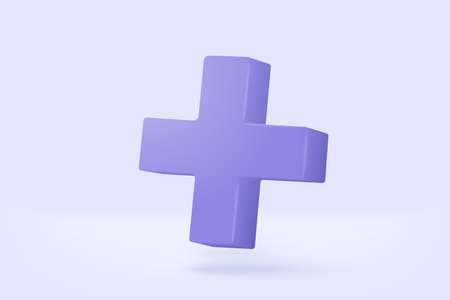 3d purple plus sign icon on the white background. Cartoon icon of first aid and health care with minimal style. Medical symbol of emergency help. 3d aid vector render illustrationのイラスト素材