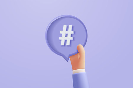 3D hashtag search link symbol on social media notification icon isolated on purple background. Comments thread mention or user reply sign with social media. 3d hashtag on vector render illustrationのイラスト素材
