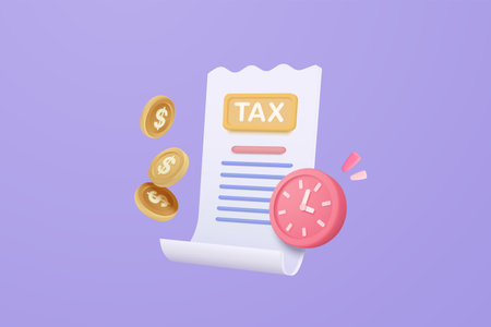 3d tax payment and business tax with money coin, clock and tax form. Composition with financial annual accounting, calculating and paying invoice. 3d tax payment vector icon render illustrationのイラスト素材