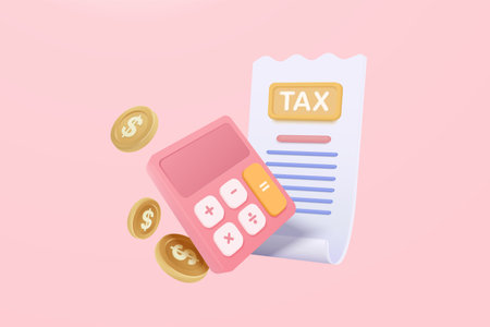 3d tax payment and business tax with money coin, calculator and tax form. Composition with financial annual accounting, calculating and paying invoice. 3d tax payment vector icon render illustrationのイラスト素材