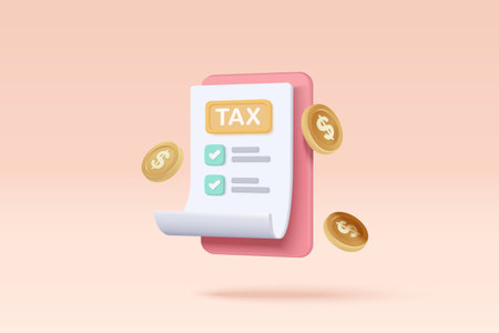3d tax payment and business tax with money coin on clipboard checklist. Composition with financial annual accounting, calculating and paying invoice. 3d tax payment vector icon render illustrationのイラスト素材
