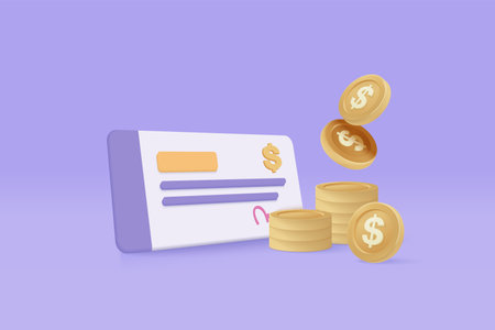 3D bank cheque with money coin fund transfer, banking payment receipt. Composition with financial annual accounts, calculating and paying business invoice. 3d cheque icon vector render illustrationのイラスト素材