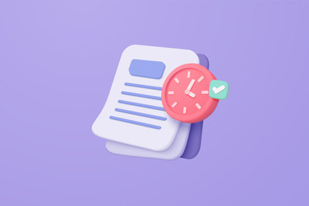 3D minimal document with clock alert on purple background.White clipboard task management todo...