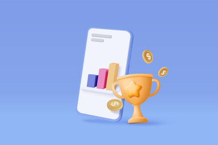 3D mobile phone funding business graph with prize, gold winners stars for trading smartphone. Graph growing business concept for finance, business investment. 3d money coin vector icon illustrationのイラスト素材