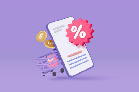 3d mobile phone with price tags for online shopping concept. Basket with promotion tag discount coupon of cash for future, special offer promotion. 3d price tags icon vector render illustrationのイラスト素材