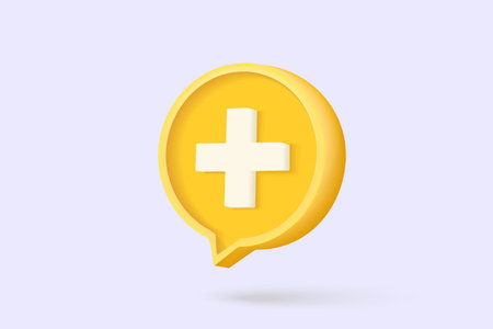 3d yellow plus sign icon on the white background. Cartoon icon of first aid and health care with minimal style. Medical symbol of emergency help. 3d aid vector render illustrationのイラスト素材