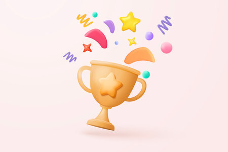 3d winners minimal with golden cup, gold winners stars with objects floating around on gold background. Award ceremony concept with cartoon style. 3d vector render isolated on pink pastel backgroundのイラスト素材