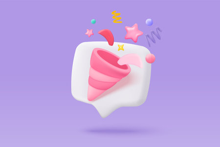 3d party poppers with flying confetti. Firecracker explodes with ribbon explode for surprise, winner, birthday party and anniversary with cone popper. 3d confetti bang icon vector render illustrationのイラスト素材