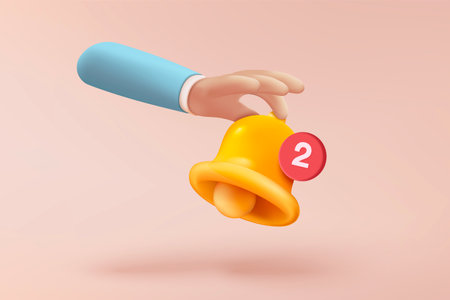 3D minimal notification bell icon with business holding hand on pastel background. new alert concept for social media element. 3d bell alarm icon for message vector render illustrationのイラスト素材
